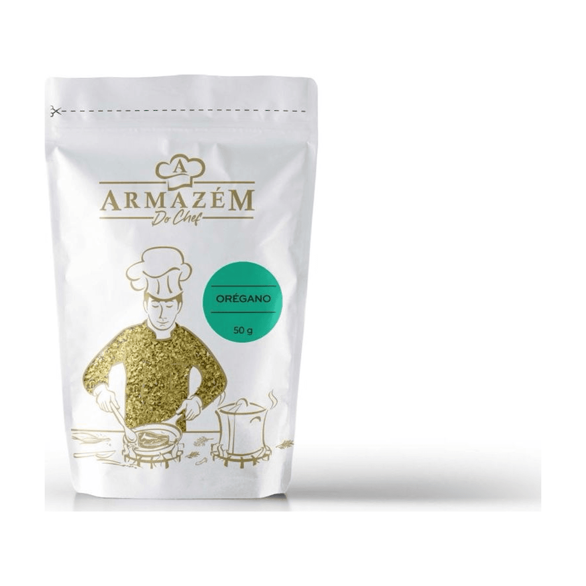 Embalagem branca de orégano com ilustração de chef em dourado