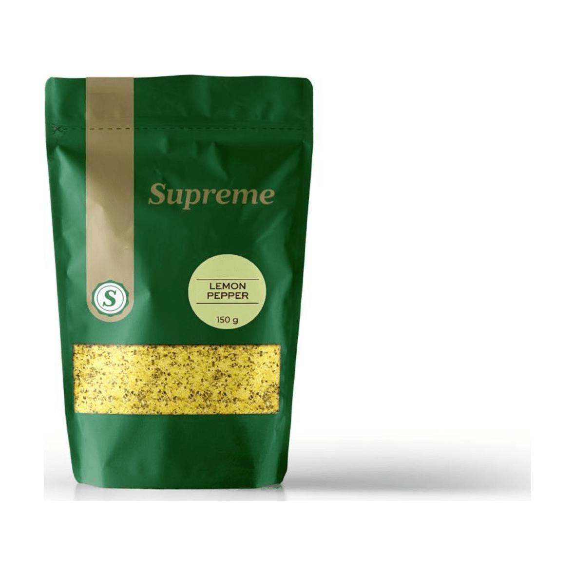 Embalagem verde-escura de lemon pepper com janela transparente, 150 g